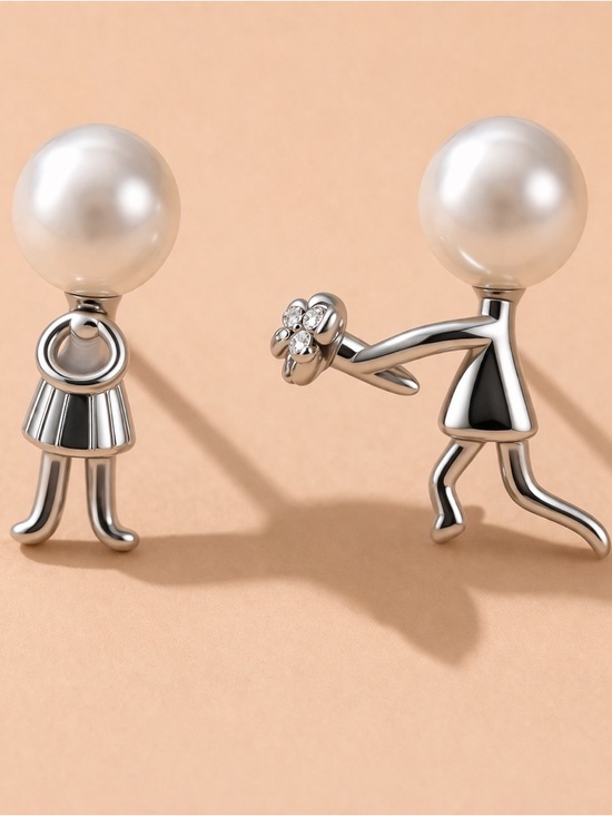 Jewelry - “Marry Me” Boy Flowers Girl Dress Silver Figures Pearl Heads Mismatch Tiny Studs